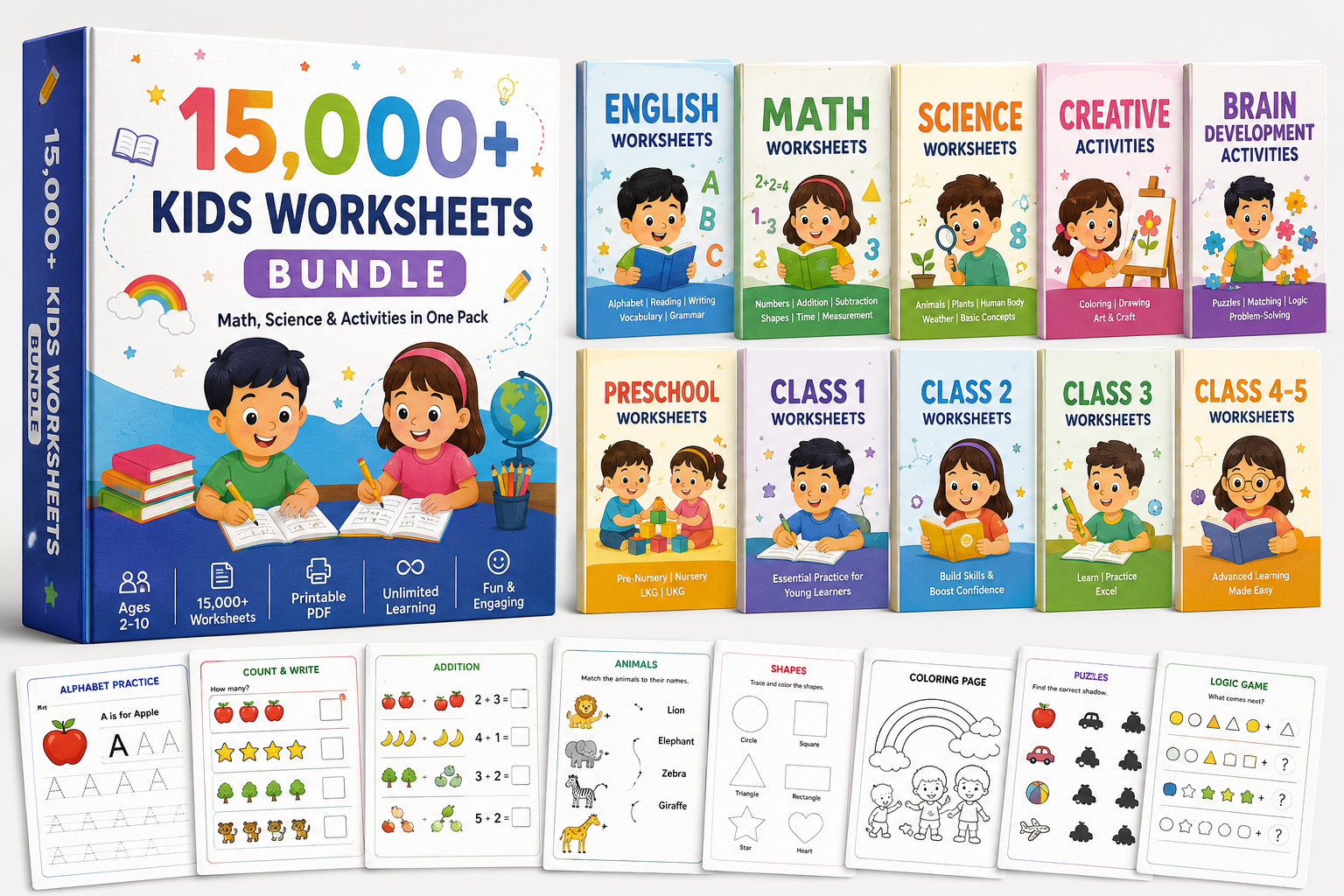 Preview mockup of the printable worksheet bundle showing colorful activity pages
